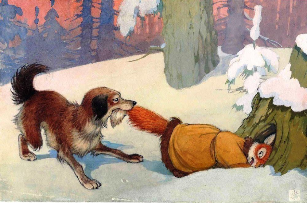 Пётр Петрович Репкин (1915–1995).
Иллюстрации к диафильму «Лисичка со скалочкой», 1955.
