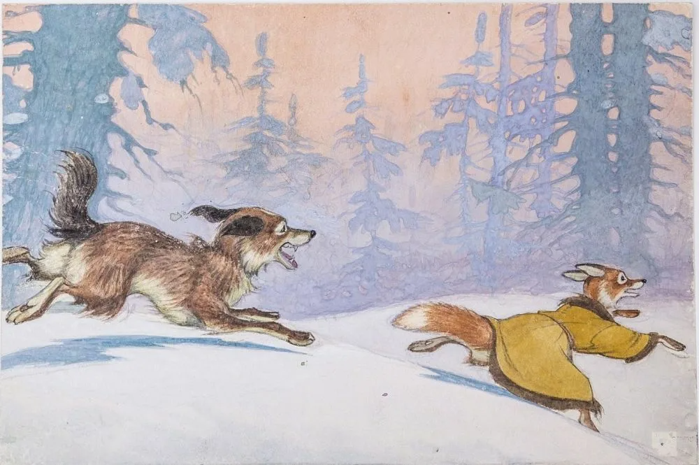 Пётр Петрович Репкин (1915–1995).
Иллюстрации к диафильму «Лисичка со скалочкой», 1955.