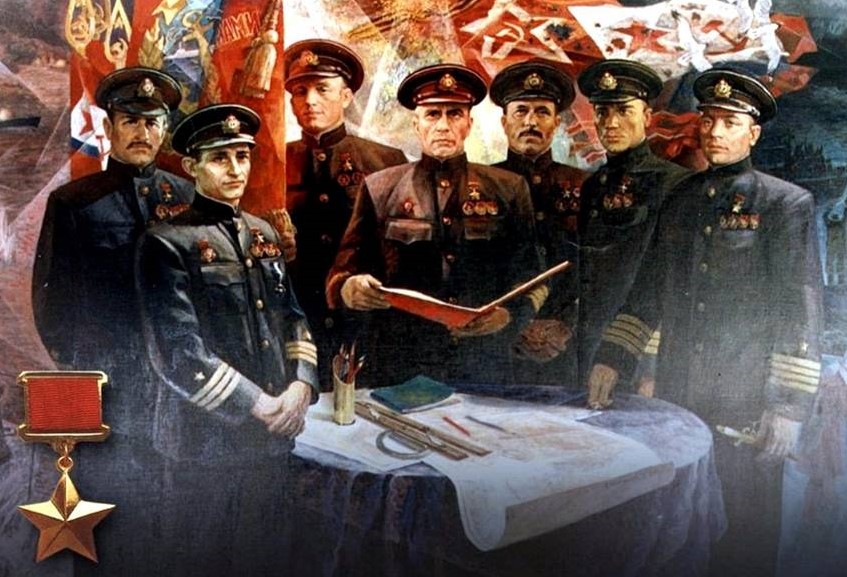 ГЕРОИ-ПОДВОДНИКИ СЕВЕРНОГО ФЛОТА. На картине художника Василия Антоновича Жаворонкова, изображены герои-подводники Северного флота: Г. И. Щедрин, И. И. Фисанович, В. Г. Стариков, И. А. Колышкин, М. И. Гаджиев, И. Ф. Кучеренко, Н. А. Лунин.