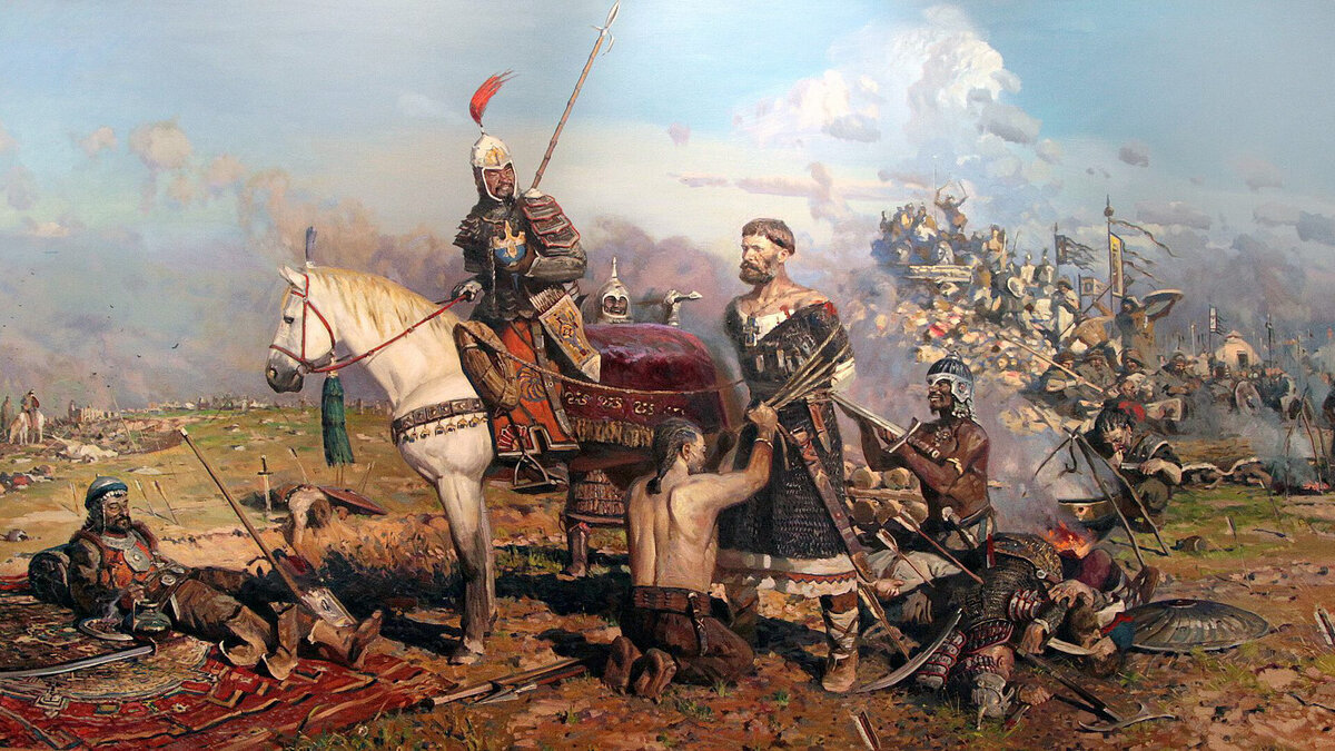 «Калка», Павел Викторович Рыженко. 1996г. Холст, масло. Размер: 175 х 375 см. На картине изображен кульминационный момент, когда могучий спутанный паутиной веревок, словно страстями и грехами, христианский князь осознает свою ужасную ошибку и ее последствия. С надеждой на милость Божию вглядывается он в даль, словно видит грядущее — славное будущее нашей Родины.