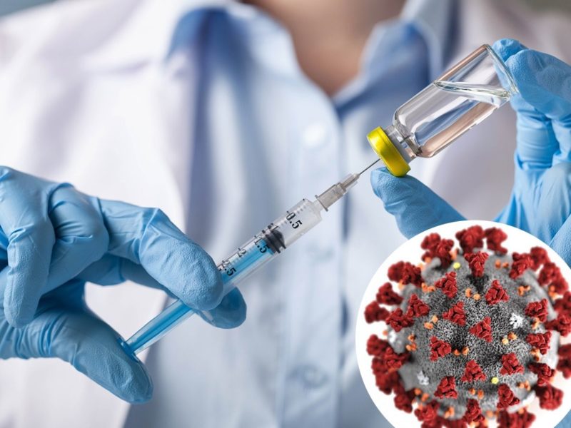 Художественное изображение вируса на фоне человека, набирающего препарат в шприц